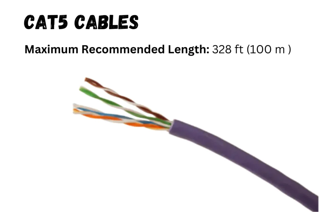 Cat5 cable with text highlighting the maximum recommended length of 328 feet (100 meters) for optimal performance in Ethernet networks.
