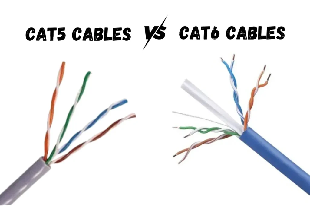 Comparison of Cat5 and Cat6 cables showing their internal wire structures. Cat5 cables on the left with four twisted pairs, and Cat6 cables on the right with an additional central separator for better performance.