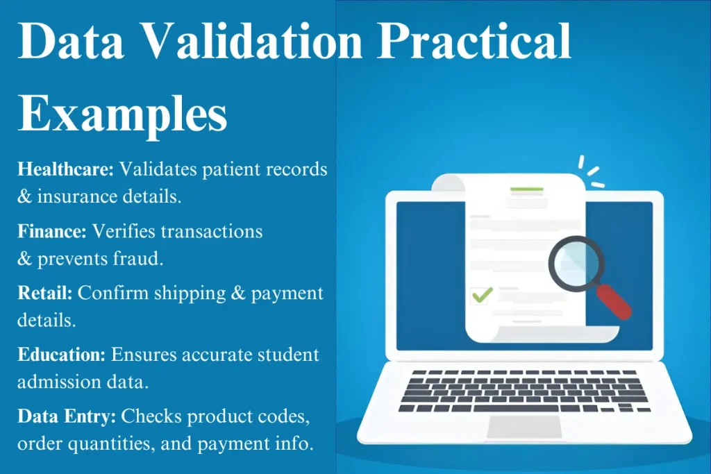 An illustration showing practical examples of data validation in various industries like healthcare, finance, retail, education, and data entry, with a laptop and a magnifying glass highlighting the importance of accurate data.