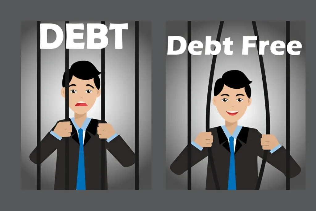 Illustration of a person behind bars labeled 'Debt' on one side, and free with the label 'Debt Free' on the other side.