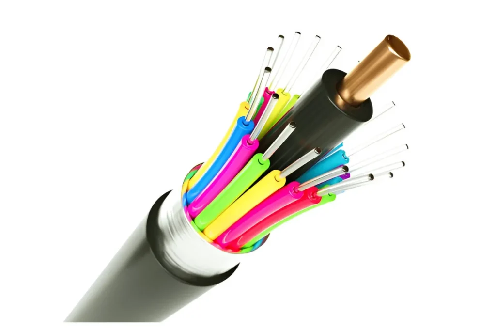 A close-up image of the internal wires of a fiber optic cable, showing different colors used to distinguish individual fibers inside the cable.