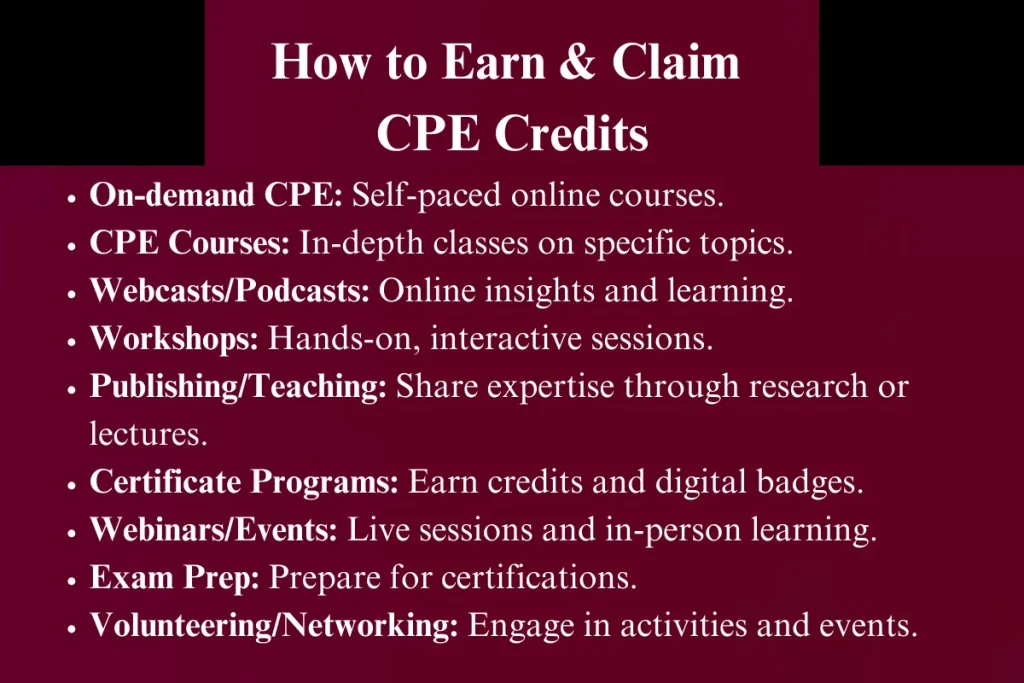 A list of methods to earn and claim CPE credits, including on-demand CPE, CPE courses, webcasts/podcasts, workshops, publishing/teaching, certificate programs, webinars/events, exam prep, and volunteering/networking.