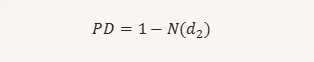 Formula for calculating the Probability of Default (PD) in the Merton Model using asset value and risk-neutral probabilities.
