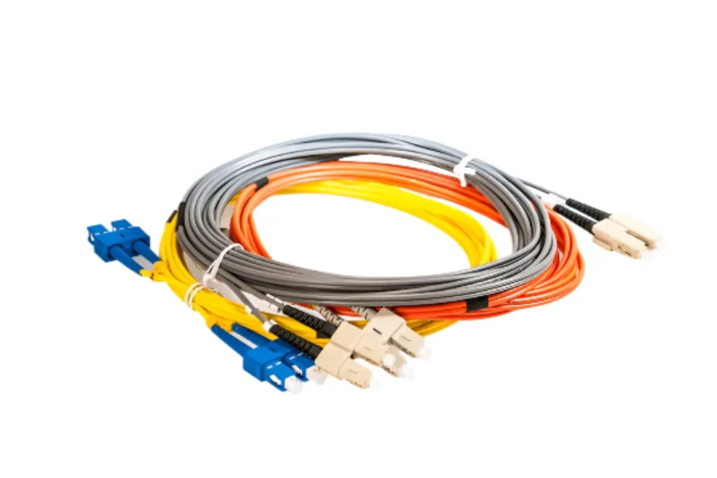A visual representation of multi-mode fiber optic cables, including the different jacket colors used for various multi-mode fiber types like OM1, OM2, OM3, etc.