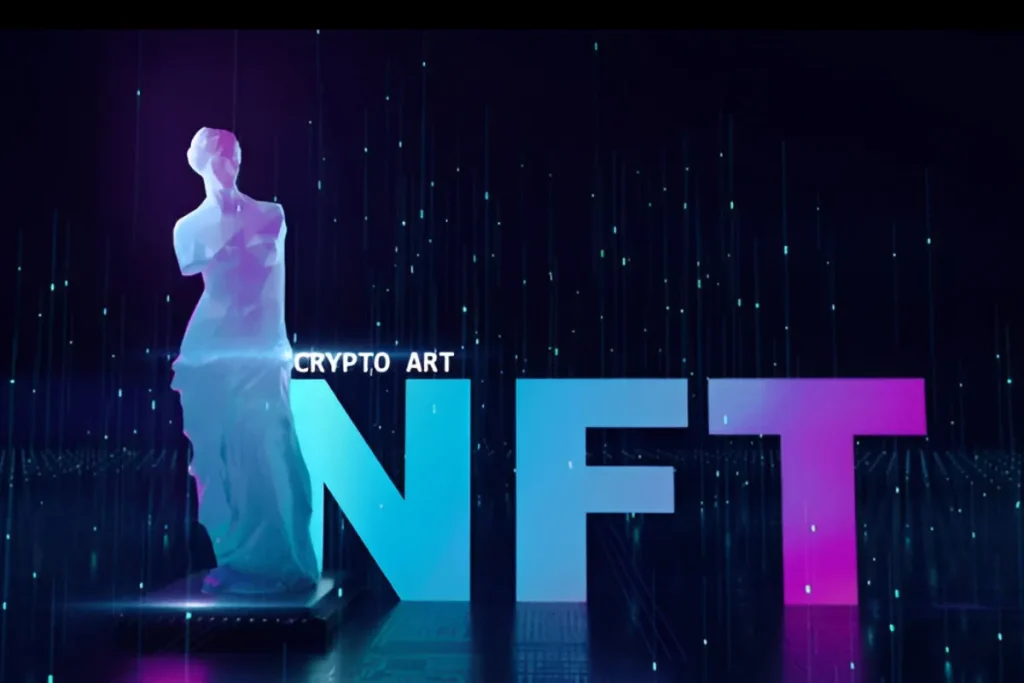 A digital representation of a statue with the text 'Crypto Art' and 'NFT' in glowing colors, highlighting the fusion of art and blockchain technology.