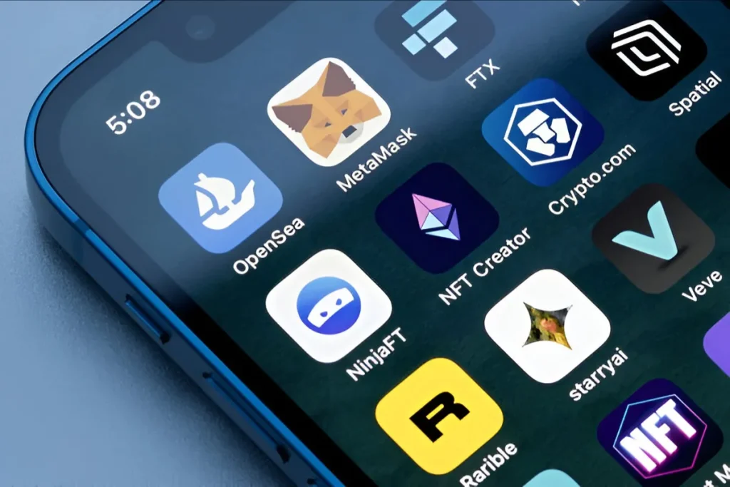 Close-up of a smartphone screen showing various NFT-related apps like OpenSea, MetaMask, NFT Creator, and Crypto.com, symbolizing the digital tools for engaging with NFTs.