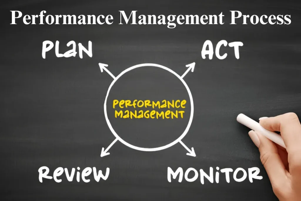 Diagram illustrating the performance management process with four stages: plan, act, review, and monitor.