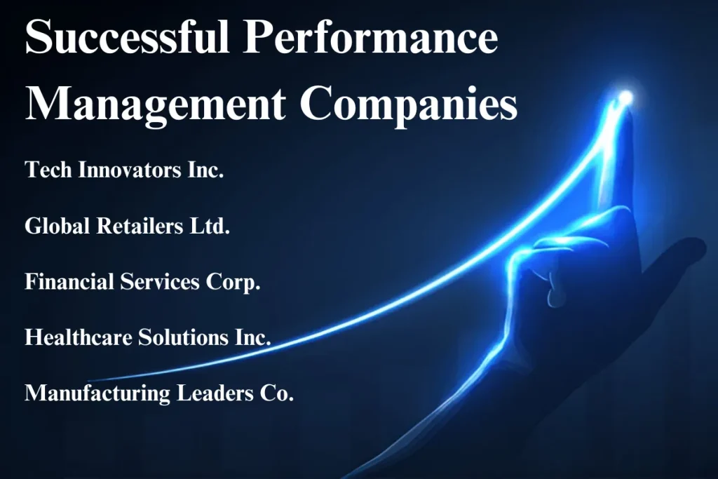 Image displaying a list of successful performance management companies: Tech Innovators Inc., Global Retailers Ltd., Financial Services Corp., Healthcare Solutions Inc., Manufacturing Leaders Co.