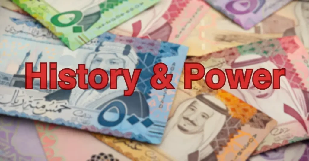 Saudi Arabian currency banknotes featuring prominent historical figures and landmarks, symbolizing the country's financial history and power.