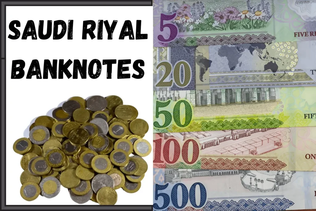 A collection of Saudi riyal coins and banknotes, including denominations of 5, 20, 50, 100, and 500 SAR, showcasing the Kingdom's currency system.