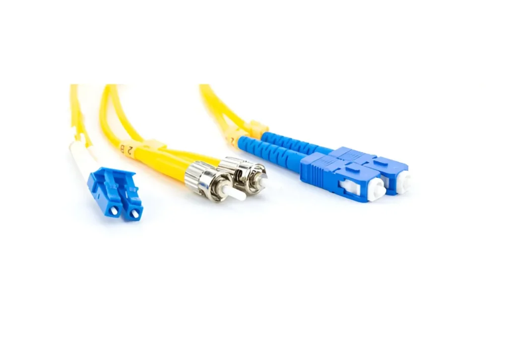 An image showing single-mode fiber optic cables with their typical yellow jacket color, used for long-distance data transmission.