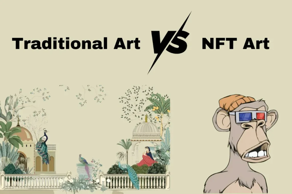 A comparison of traditional art and NFT art, with a classic painting of peacocks and a modern, stylized NFT image of an ape, highlighting the contrast between conventional and digital art forms.