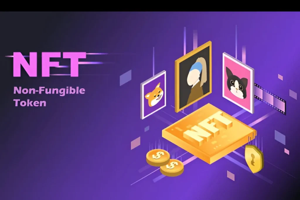 Visual representation of NFTs with a 3D NFT token, digital art images, and icons, signifying the digital ownership and trade of unique assets.