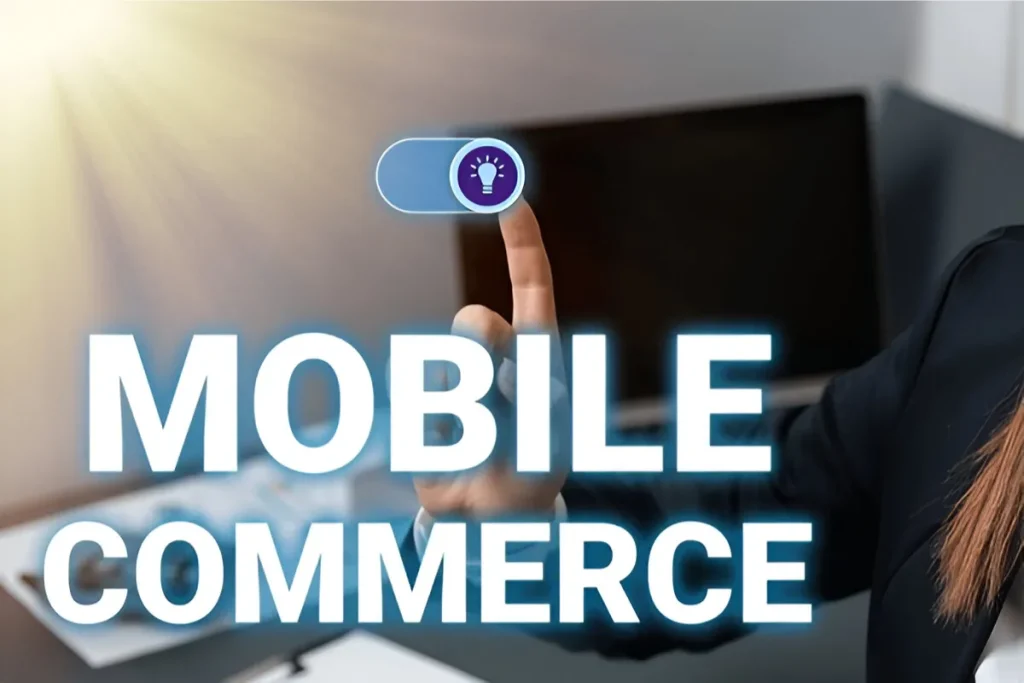 Mobile commerce concept with a hand interacting with the mobile technology switch
