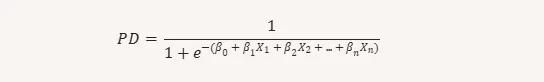 Formula for logistic regression used to calculate the Probability of Default (PD) based on multiple variables.