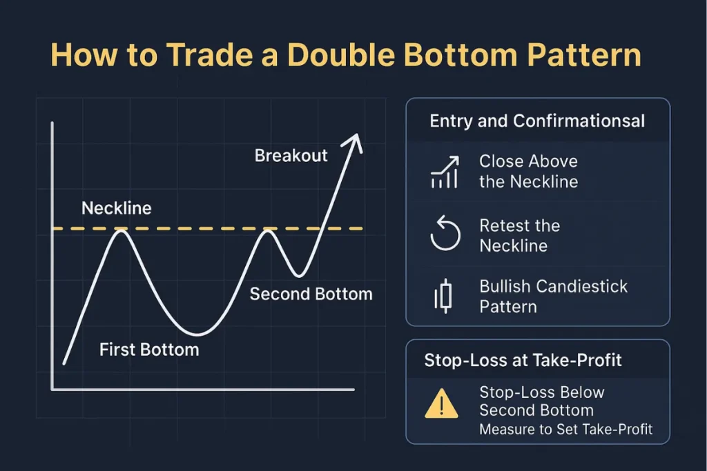 Diagram showing how to trade a double bottom pattern with labeled chart elements like first bottom, second bottom, neckline, and breakout, alongside trading confirmations and stop-loss strategy tips.