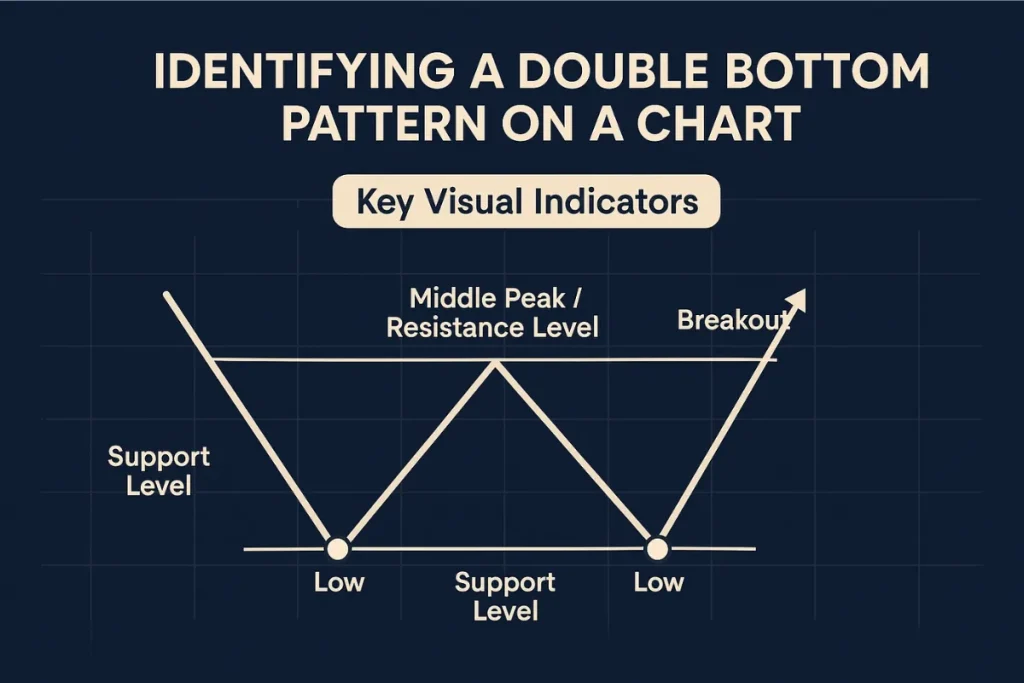 Diagram showing how to identify a double bottom pattern with labeled support, resistance, and breakout levels on a financial chart.