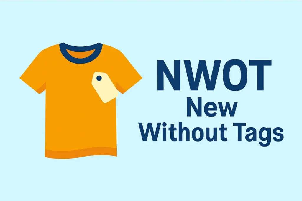 Digital illustration displaying the 'NWOT' acronym with a T-shirt and price tag, representing 'New Without Tags' condition in online selling.