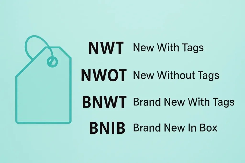 Infographic displaying online selling abbreviations for product conditions: NWT, NWOT, BNWT, and BNIB, with a price tag illustration.