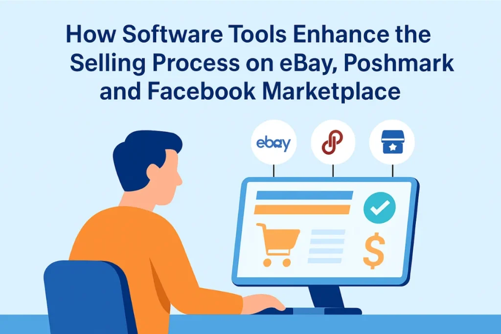Digital illustration showing a person using software tools to optimize the online selling process on eBay, Poshmark, and Facebook Marketplace.