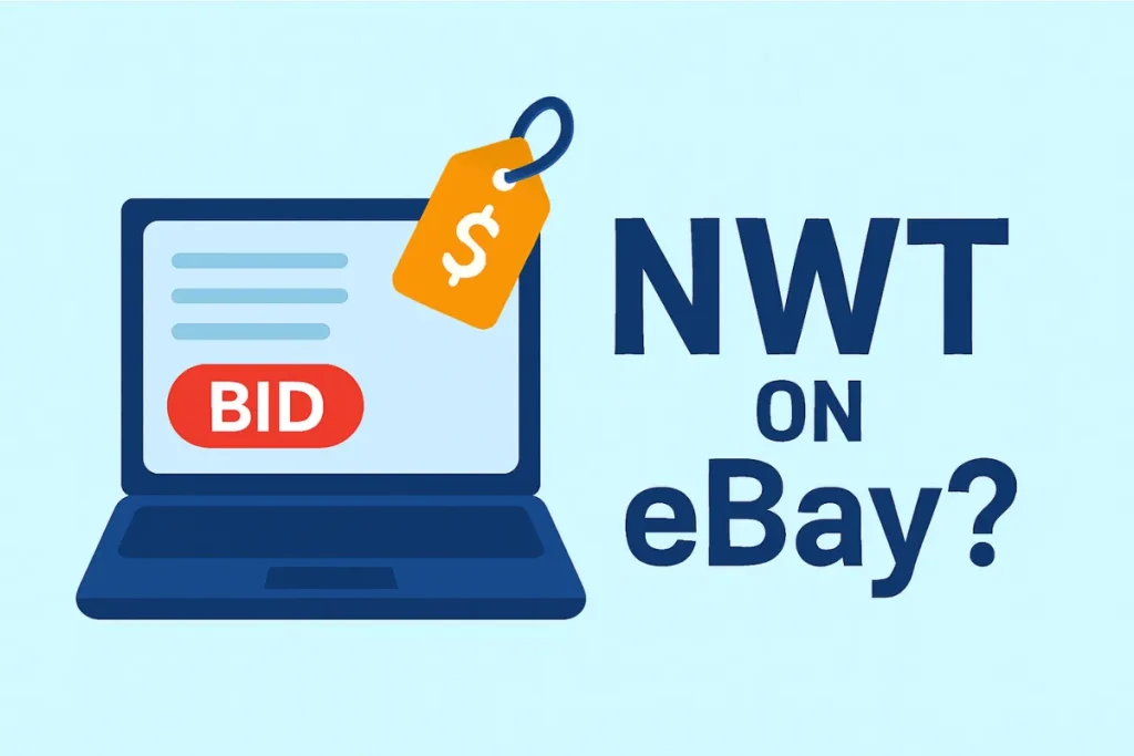Illustration of an online auction with 'NWT on eBay?' text, highlighting the importance of listing new items with tags on auction platforms.