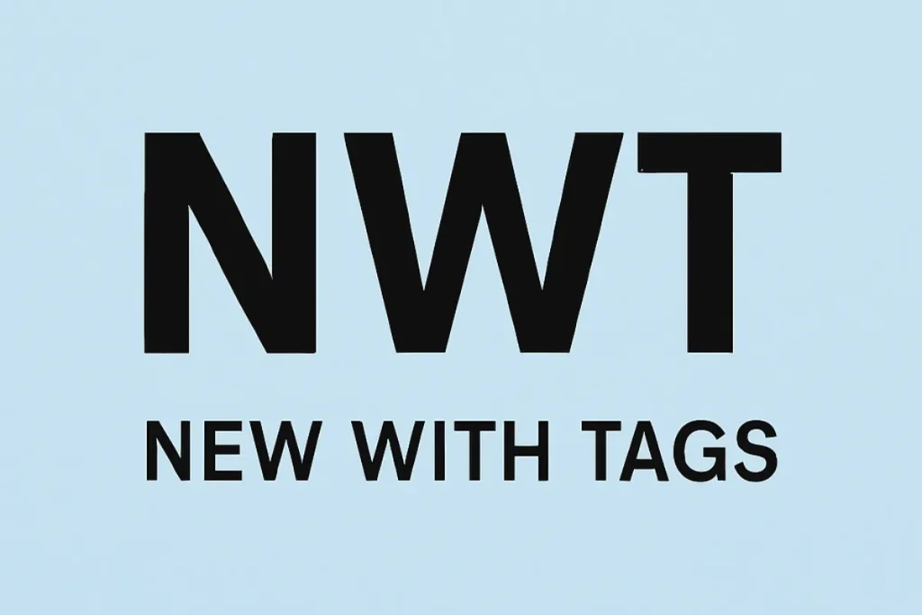 NWT - New With Tags acronym design on a light blue background, representing brand-new, unused items in online selling.
