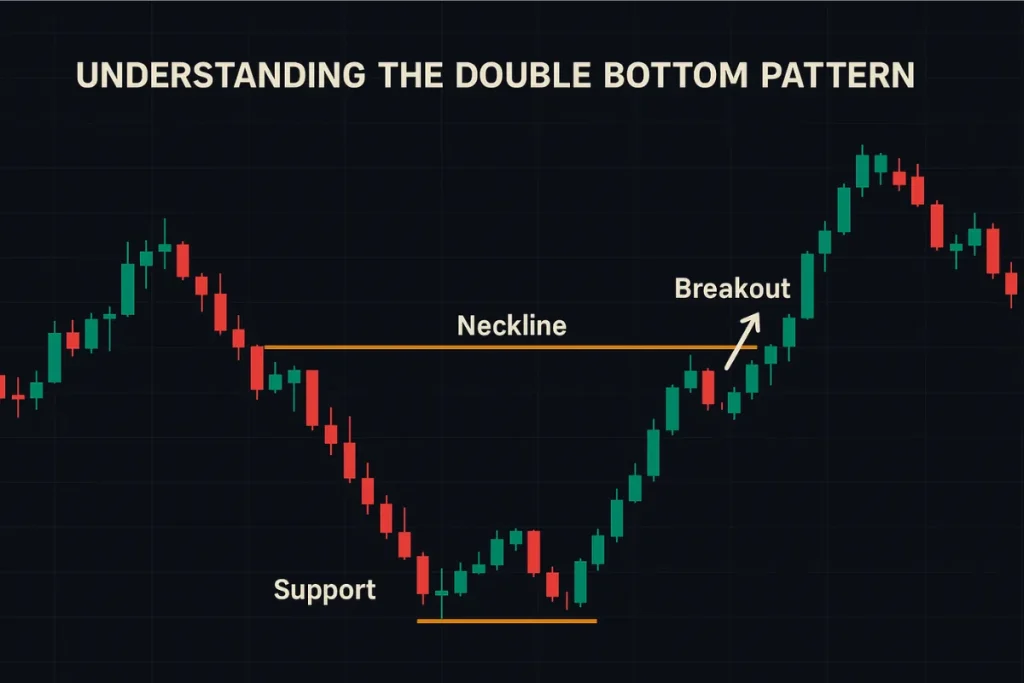 Candlestick chart showing a double bottom pattern with labeled support, neckline, and breakout on a dark background.