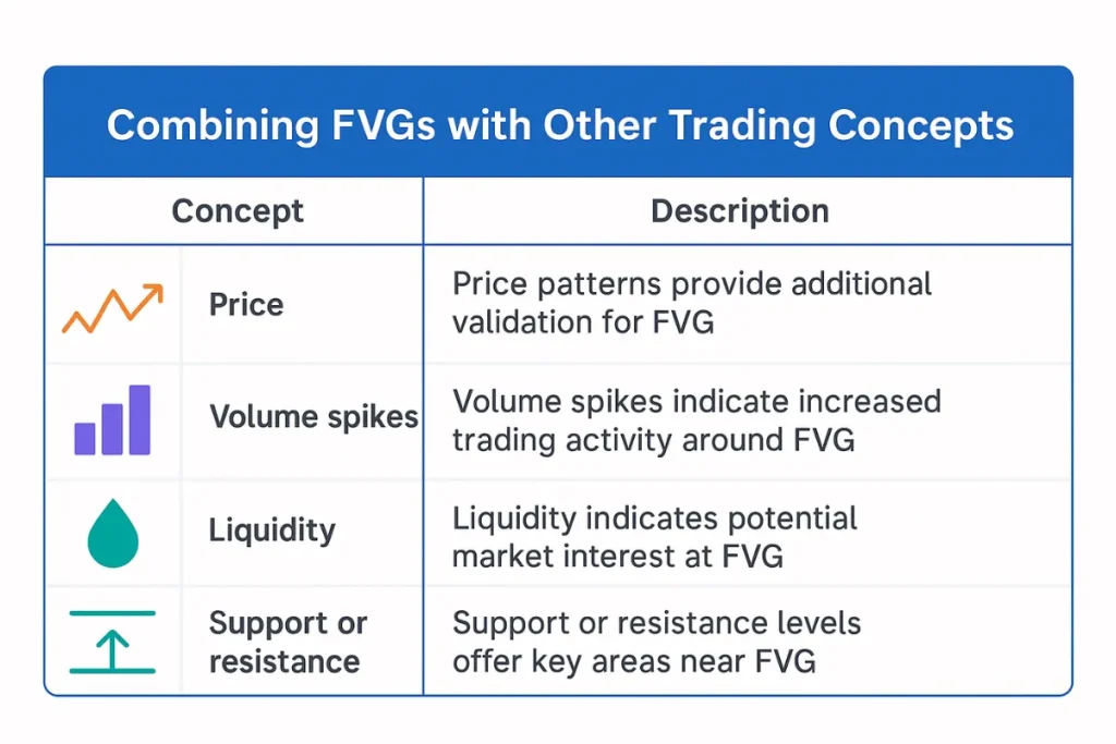 Table infographic showing how Fair Value Gaps can be combined with price patterns, volume spikes, liquidity, and support/resistance in trading strategies.