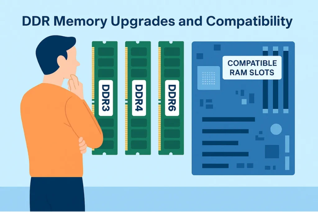 Illustration showing a user comparing DDR3, DDR4, DDR5, and DDR6 modules beside a motherboard with labeled compatible RAM slots