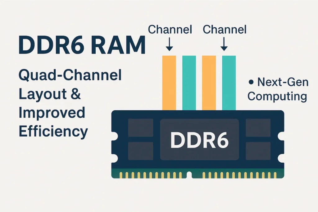 Illustration showing DDR6 RAM architecture with quad-channel layout and improved efficiency for next-gen computing