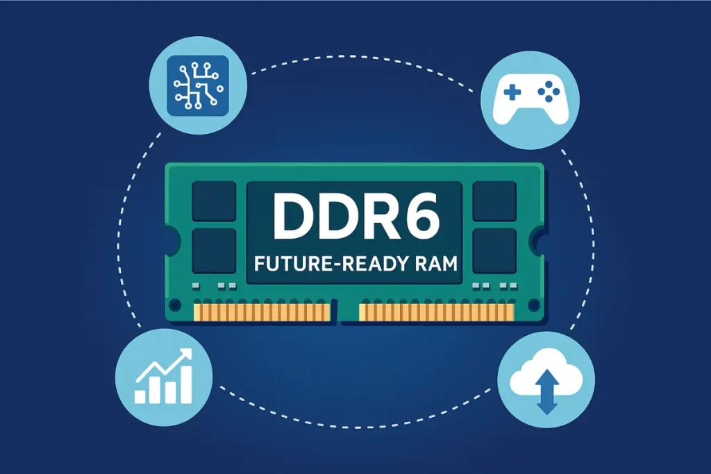 Visual representation of DDR6 RAM powering next-gen technology with icons for AI, gaming, cloud computing, and data analysis