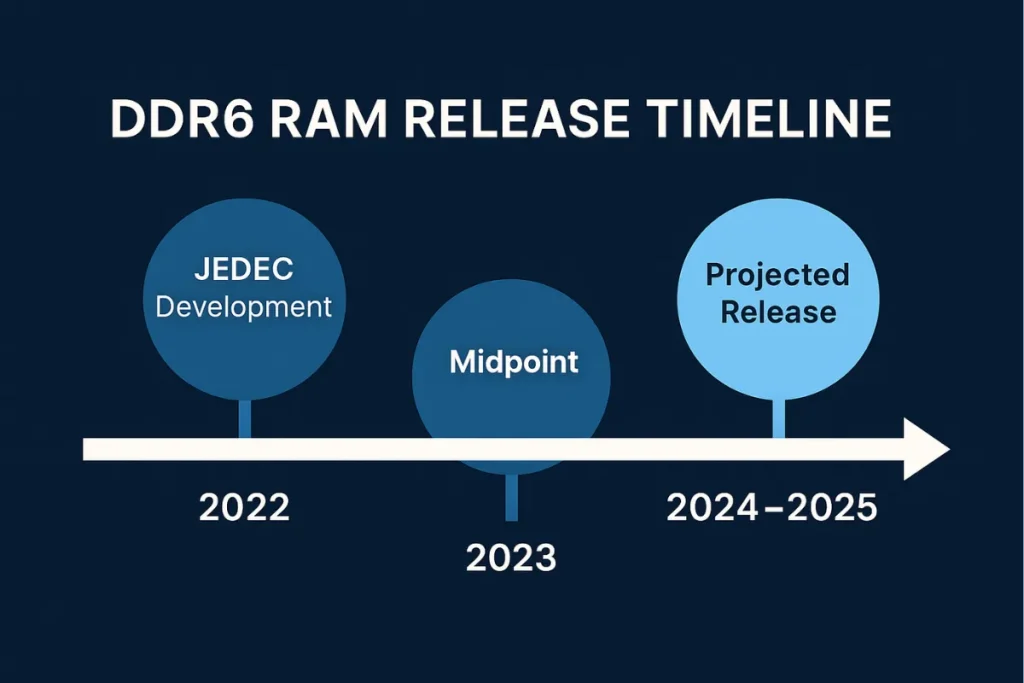 Roadmap graphic showing DDR6 RAM development milestones and expected release window in 2024–2025