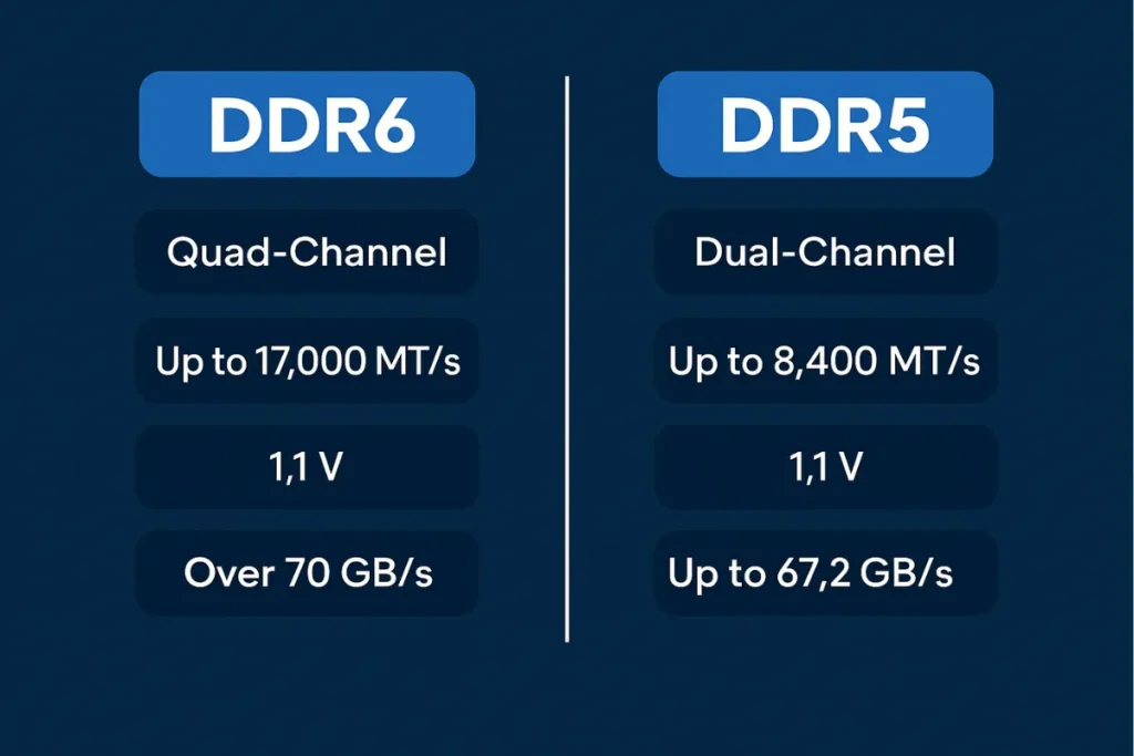 Side-by-side comparison of DDR6 vs DDR5 features, including memory channels, speed, voltage, and bandwidth