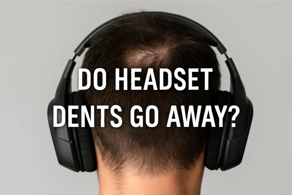 Headphones on a man's head with clear hair indentation and the question “Do Headset Dents Go Away?"