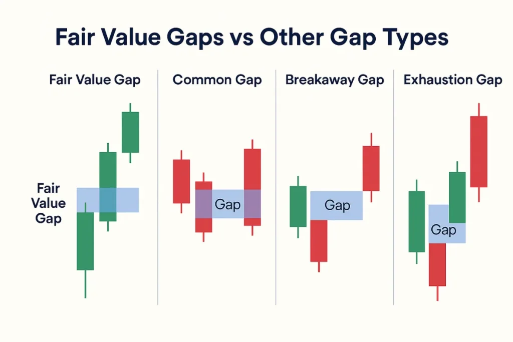 Infographic comparing Fair Value Gap with Common, Breakaway, and Exhaustion Gaps using labeled candlestick chart examples and highlighted gap zones.