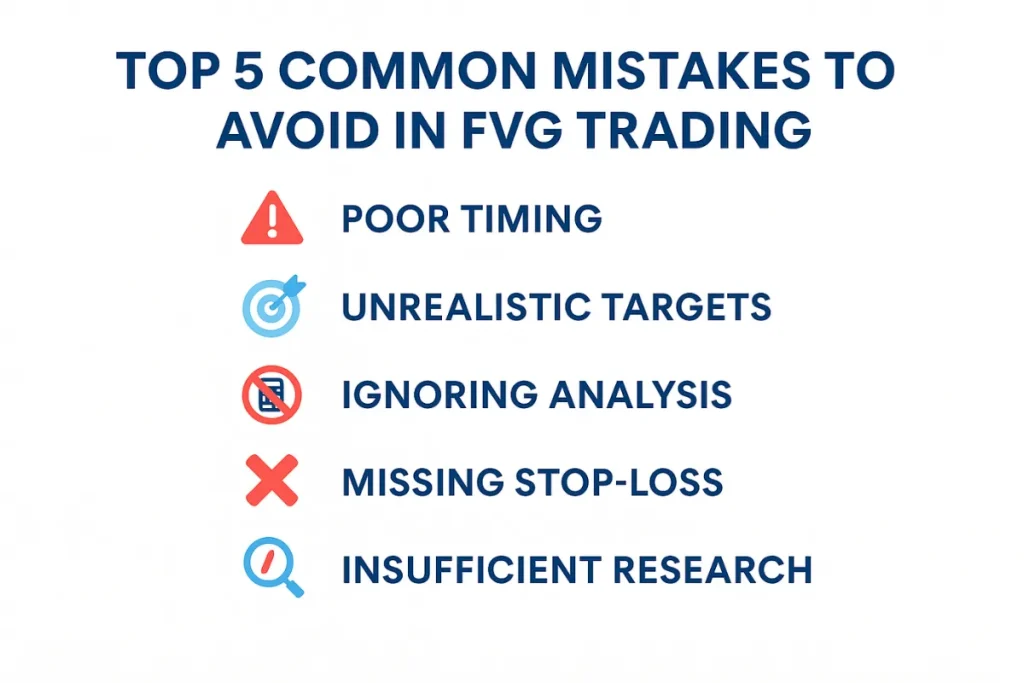 Infographic listing the top 5 common mistakes in fair value gap trading with icons, including poor timing, unrealistic targets, and insufficient research.