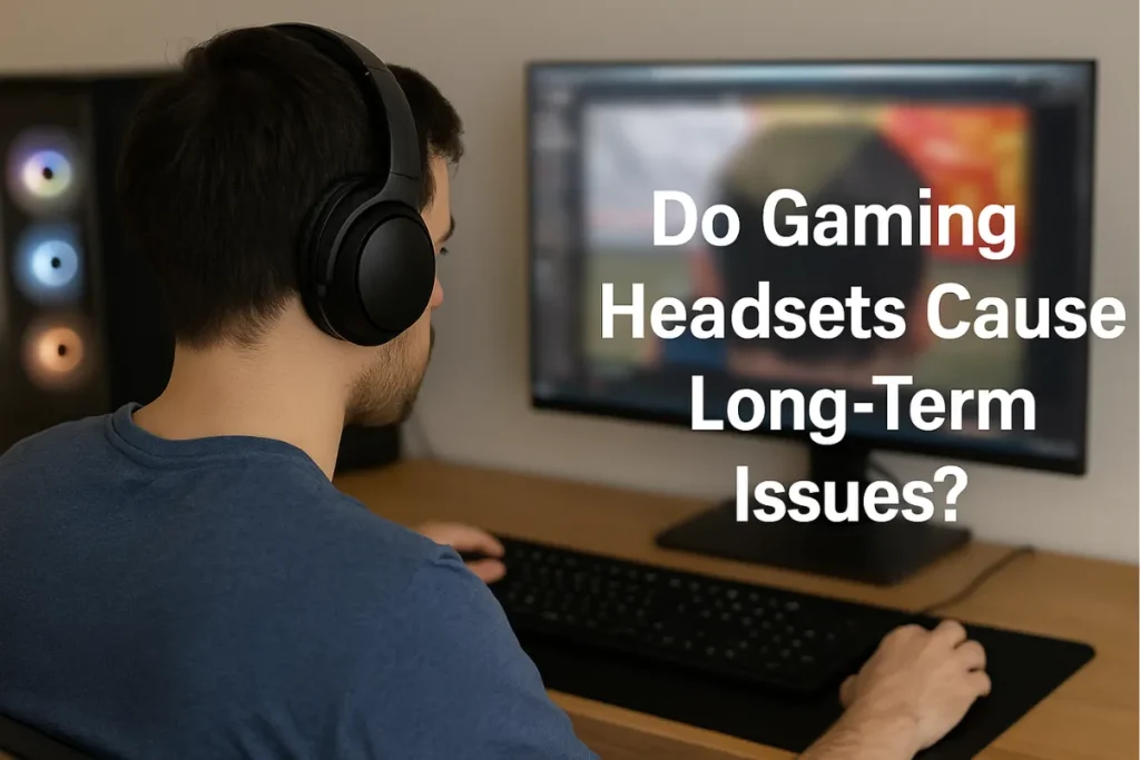 Gamer using headphones at a PC with the question “Do Gaming Headsets Cause Long-Term Issues?”