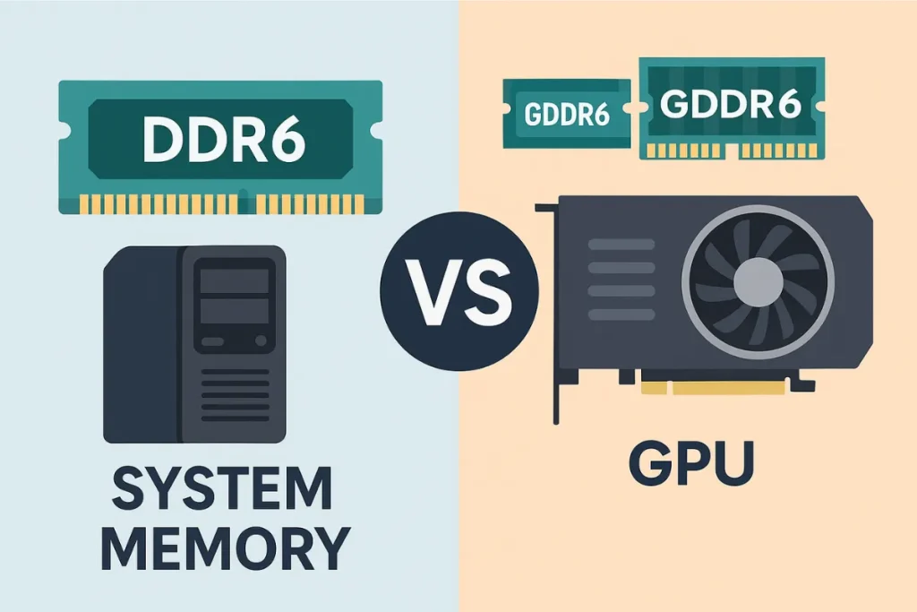Illustration showing DDR6 used for system memory and GDDR6 used in GPUs, highlighting their different roles in a PC setup