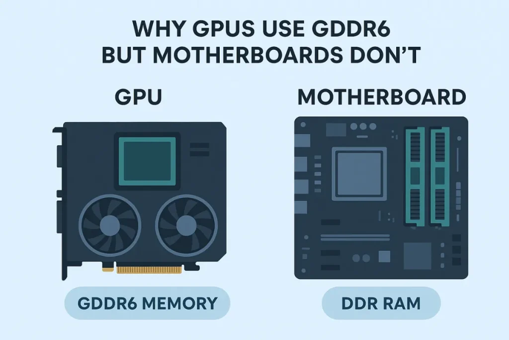 Diagram showing a GPU using GDDR6 memory and a motherboard with DDR RAM slots, illustrating why each uses a different type of memory