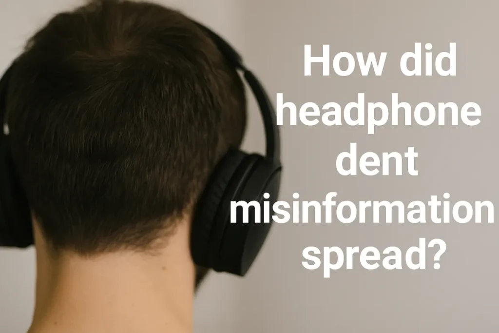 Back of a head with headphones and text asking “How did headphone dent misinformation spread?”