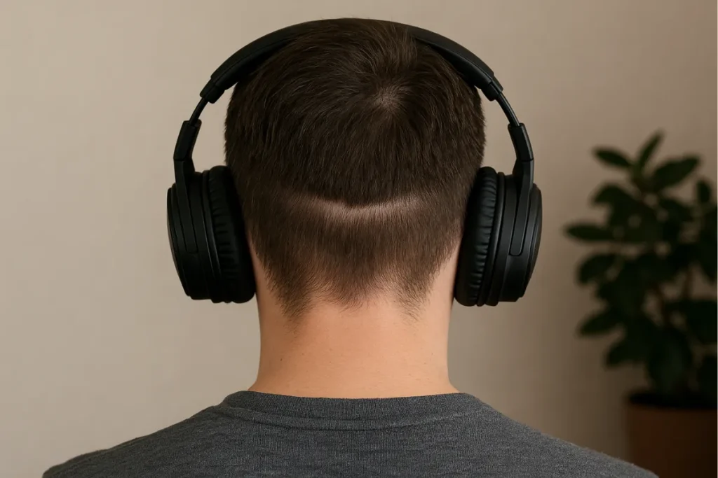 Back view of a man with a visible headphone dent across his hairline
