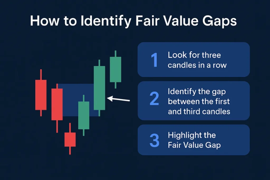 Step-by-step guide showing how to identify fair value gaps using a three-candle formation, with the gap clearly highlighted on a candlestick chart.