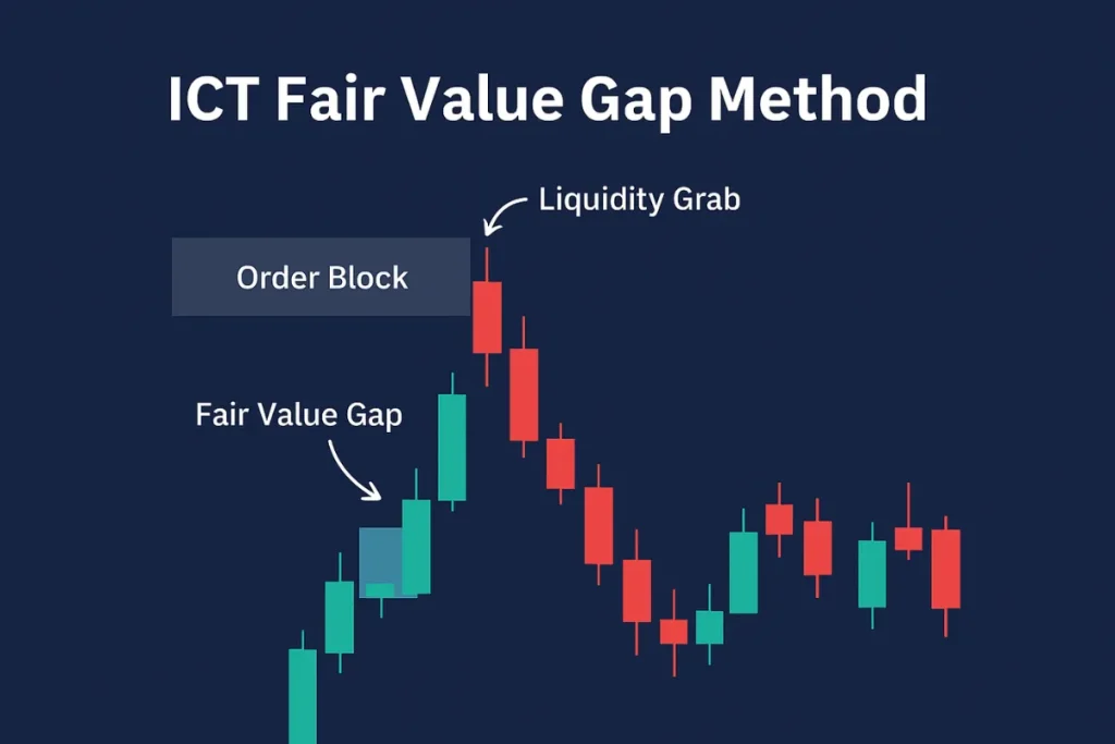 Chart visualizing the ICT Fair Value Gap method with highlighted imbalance zones, optimal trade entry points, and market structure annotations.