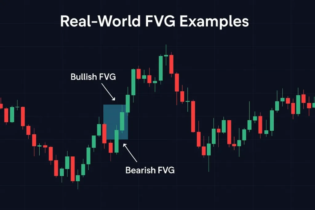 Annotated candlestick chart showing real-world examples of fair value gaps with highlighted zones and brief explanation of each market scenario.