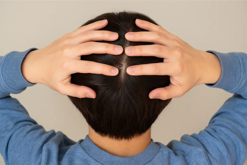 Person using fingers to inspect the crown of their scalp for dents