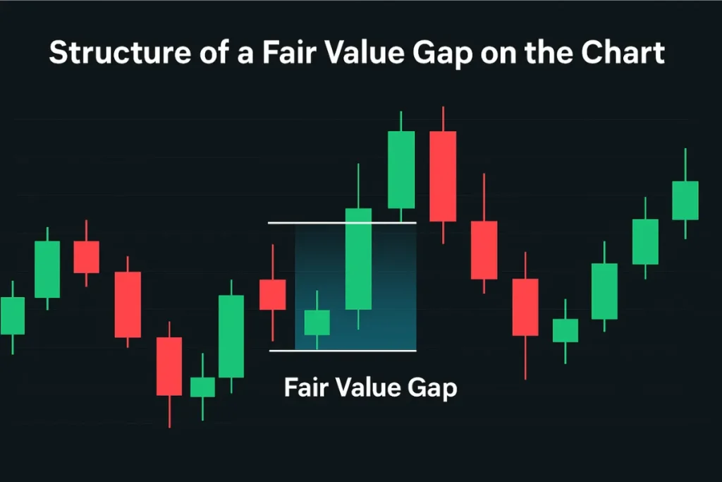 Chart showing the structure of a Fair Value Gap with three candlesticks and a highlighted price imbalance zone marked between the first and third candles.