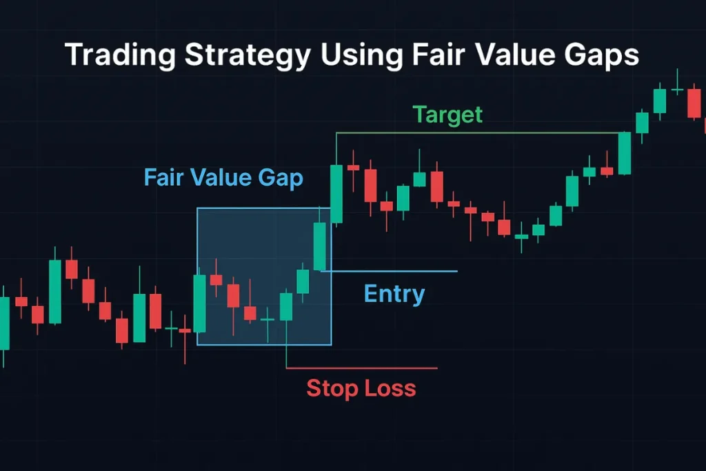 Chart showing a fair value gap trading strategy with labeled entry point, stop loss, and target zones on a candlestick chart using green and red candles.