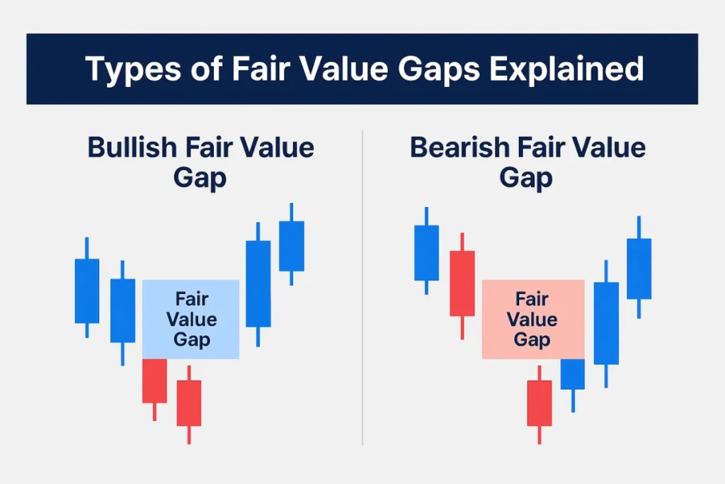 Infographic showing bullish and bearish fair value gaps using candlestick charts, each with highlighted gap zones labeled for clear visual explanation.