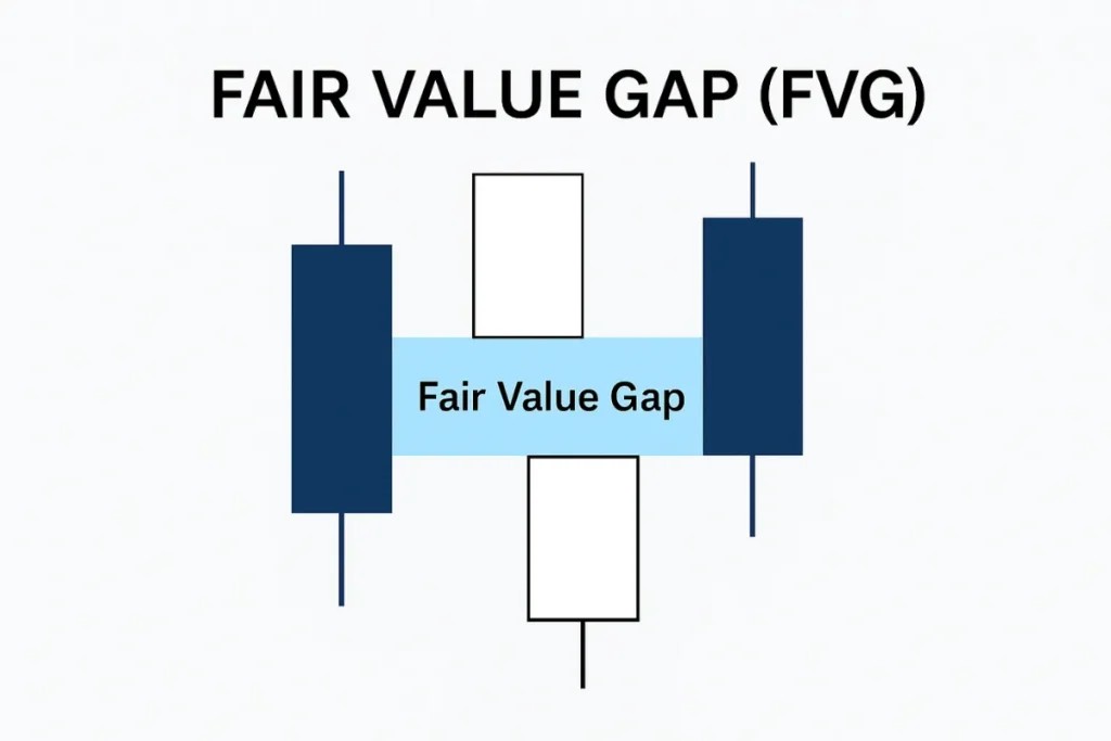 Illustration of a fair value gap (FVG) using a 3-candle formation showing the unfilled price zone between bullish and bearish candlesticks.