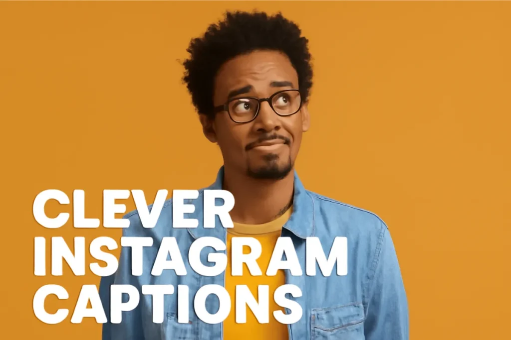 A young African American man with curly hair and glasses, giving a thoughtful expression, wearing a denim shirt and mustard yellow t-shirt, with the text 'CLEVER INSTAGRAM CAPTIONS' overlaid in bold white letters against a vibrant orange background.